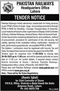 Pakistan Railways Lahore Tender Notice